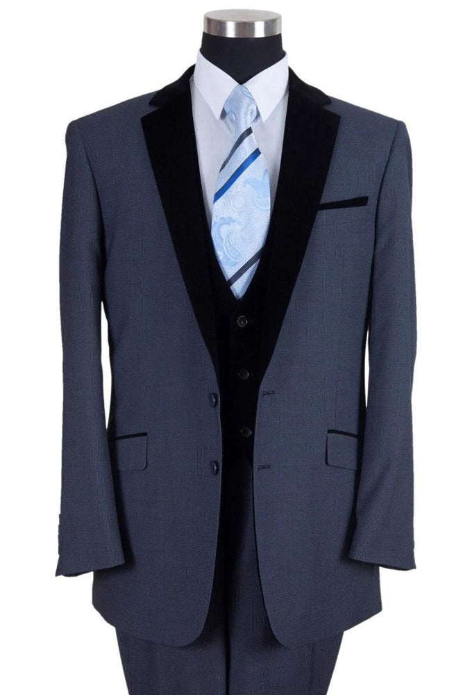 Modern Fit Tuxedo Suit: Navy, Velvet Lapel & Vest | Fortino Landi - USA Men's Outlet