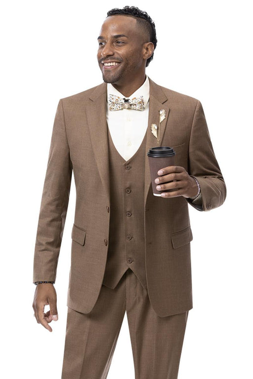 Modern Fit Two Button Vested Sharkskin Business Suit by EJ Samuel | Rust Brown - USA Men's Outlet