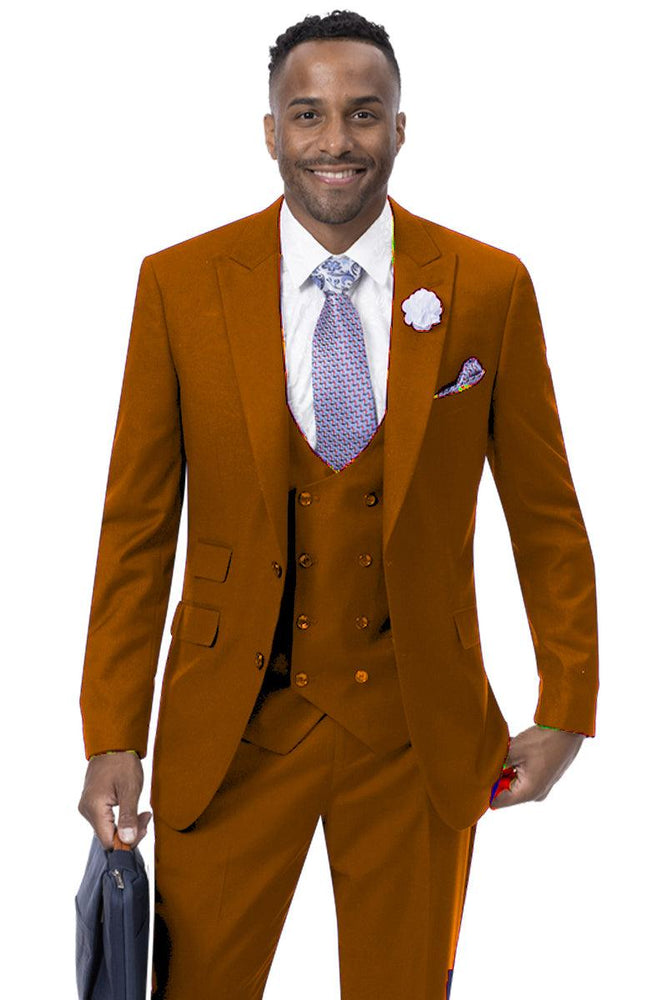 Modern Rust Vested Peak Lapel Suit with Double Breasted Vest by EJ Samuel - USA Men's Outlet