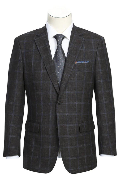 Modern Style Two Button Wool & Linen Brown Windowpane Blazer by Renoir - USA Men's Outlet