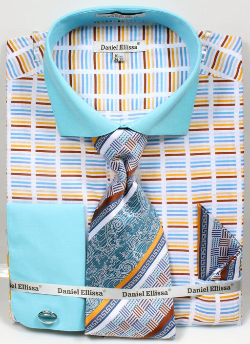 "Modern Turquoise Dress Shirt Set For Men: Daniel Ellissa Multi-Stripe & Contrast Cuff" - USA Men's Outlet