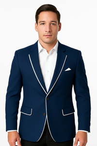 modern navy blue Tazio blazer for men styled with white shirt