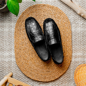 Zelli Monza Caiman Crocodile Penny Loafer Driving Shoes in Black