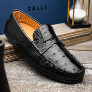 Zelli Monza Ostrich Quill Driving Loafers in Black