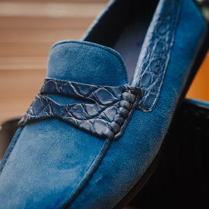Zelli Monza Suede & Caiman Crocodile Driving Shoes in Denim