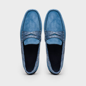Zelli Monza Suede & Caiman Crocodile Driving Shoes in Denim