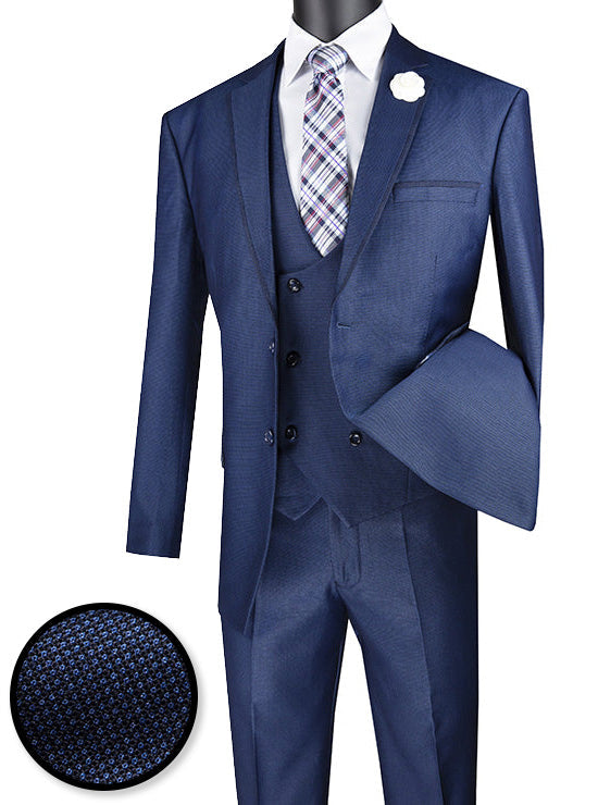 Birdseye Pattern Modern Fit 3 Piece Navy Suit with Contrast Trim