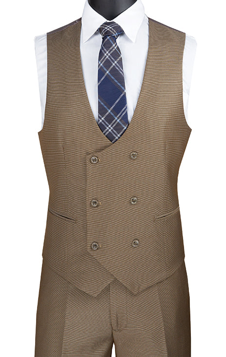 Birdseye Pattern Modern Fit 3 Piece Khaki Suit with Contrast Trim