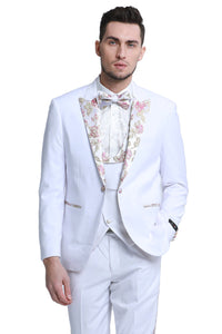 "White Floral Lapel Men's Tuxedo - One Button Vested for Prom & Wedding"