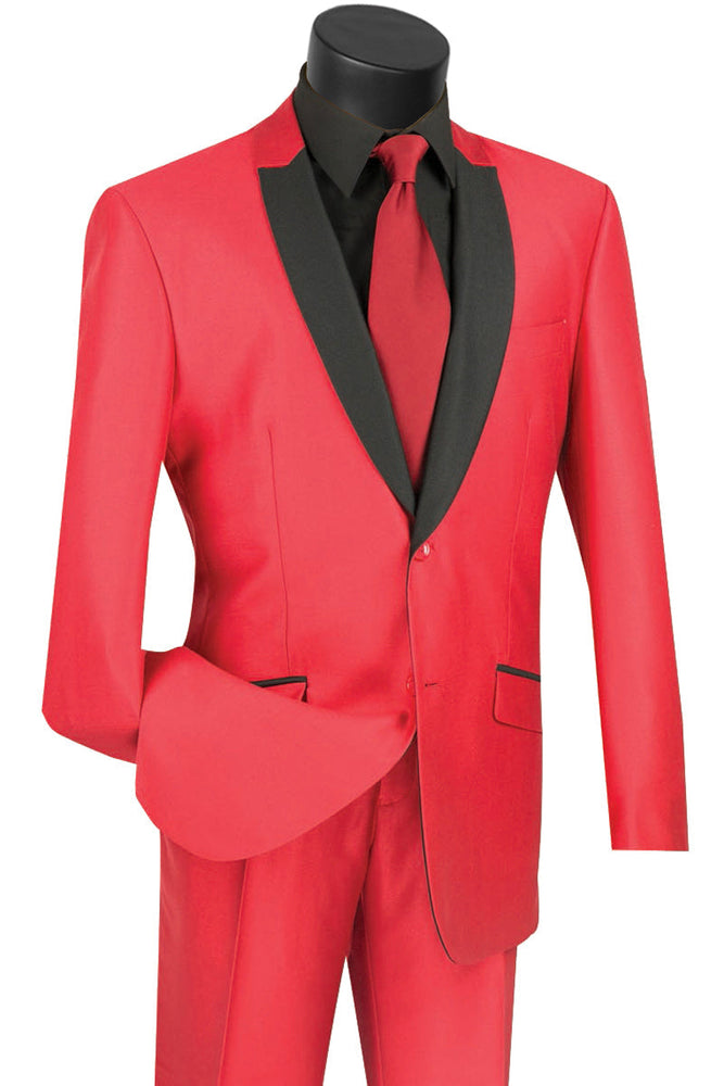 Mens 2 Buttton Slim Contrast Peak Lapel Tuxedo in Red