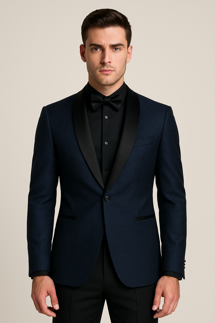 Mens Slim Fit Paisley Shawl Lapel Prom Dinner Jacket Tuxedo Blazer in Navy Blue