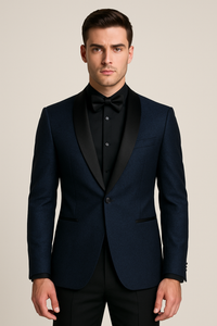 Mens Slim Fit Paisley Shawl Lapel Prom Dinner Jacket Tuxedo Blazer in Navy Blue