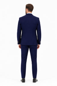 Men's Navy Statement Ticket Pocket Peak Lapel Wool Double Breasted Vest Suit with Silver Buttons – Modern Fit