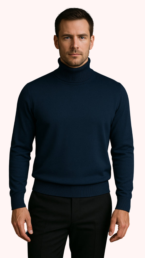 Men's Navy Blue Classic Turtleneck Sweater – Lightweight Knit Pullover