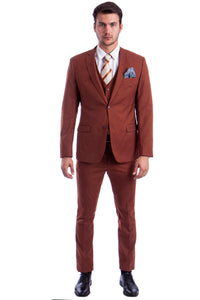 Graduation Suit - Men's Two Button Slim Fit Vested Solid Basic Color Suit in Light Brown Rust