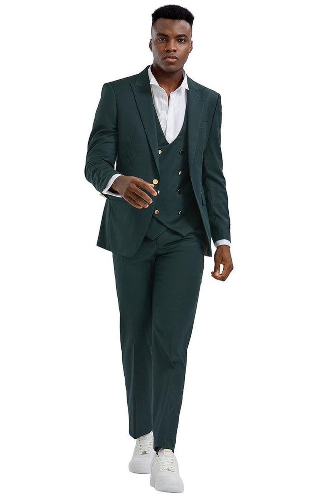 New Men's Tazio Hunter Green Vested Suit with Gold Buttons & Peak Lapel - USA Men's Outlet