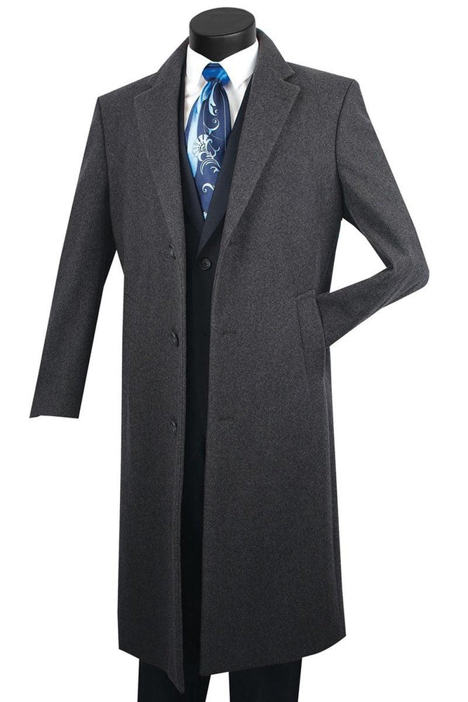 New Title: Vinci Men's Wool & Cashmere Charcoal Grey Full Length Overcoat - USA Men's Outlet