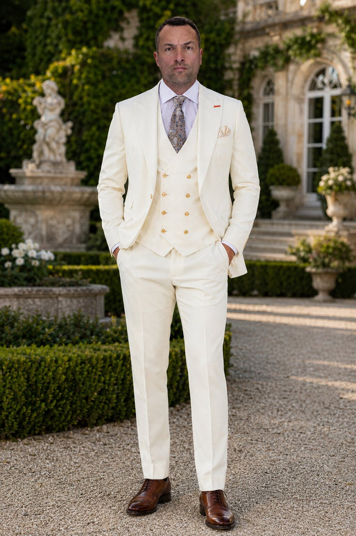 Men's Off White Statement Ticket Pocket Peak Lapel Wool Double Breasted Vest Suit with Gold Buttons – Modern Fit