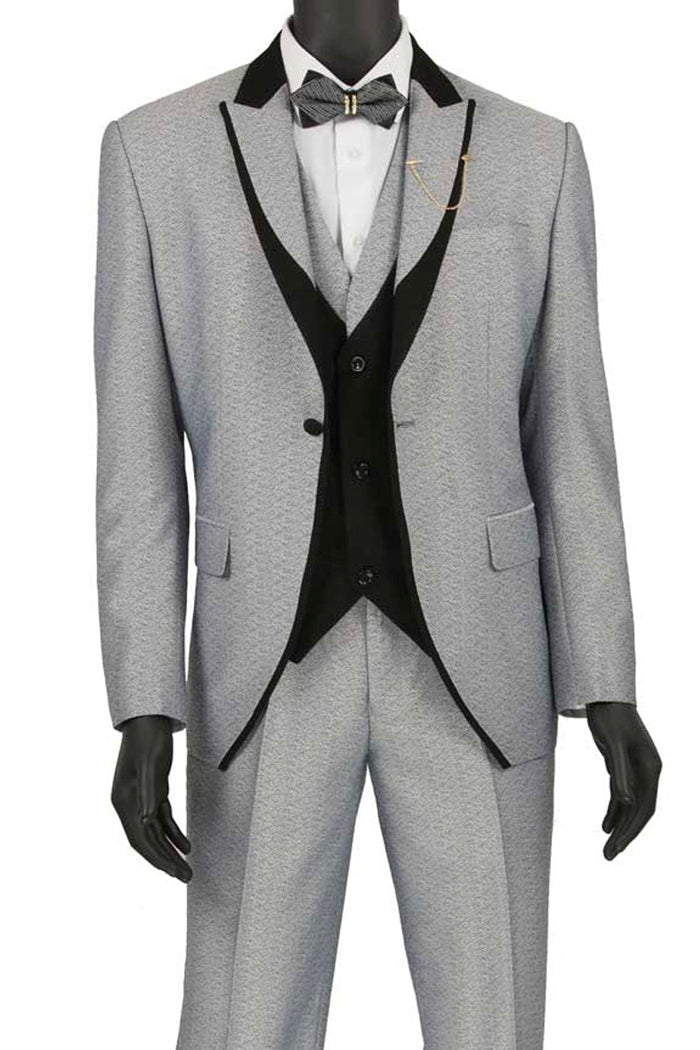 Mens 1 Button Trim Peak Vested Tuxedo Suit in Silver