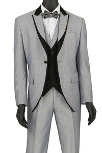 Mens 1 Button Trim Peak Vested Tuxedo Suit in Silver