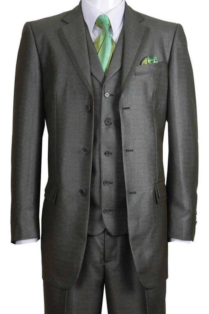 "Olive Green Fortino Landi Sharkskin 3-Button Vested Church Suit" - USA Men's Outlet