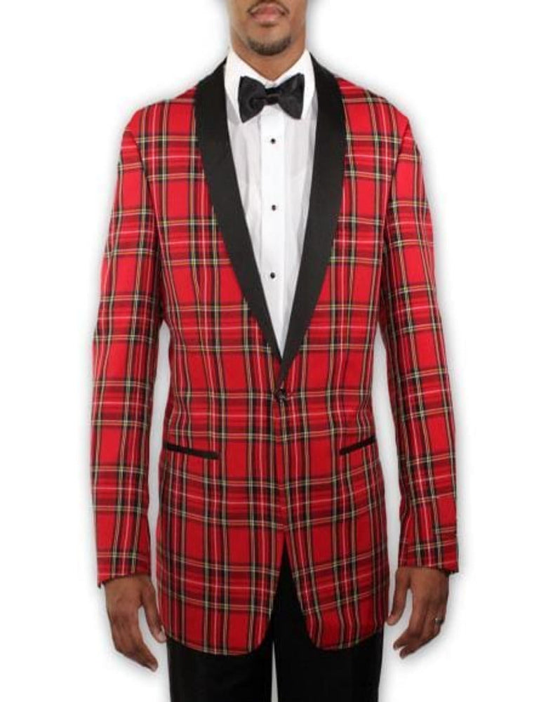 Big and Tall Plaid Sport Coat - Windowpane Checkered Scottish Pattern Party Blazer in Color Red Tartan