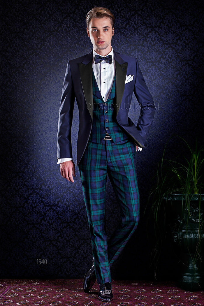 Blue and tartan peak lapel groom tuxedo Tartan Tuxedos