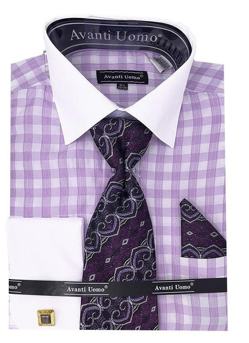 Optimized Title: Daniel Ellissa Men's Lilac Checkered Plaid Dress Shirt w/ Contrast French Cuffs - USA Men's Outlet