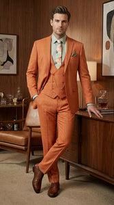 Vinci Mens Orange Three Piece Suit – Orange Windowpane Plaid 3PC Formal Suit for Wedding, Church and Business Holloween Color