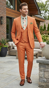 Vinci Mens Orange Three Piece Suit – Orange Windowpane Plaid 3PC Formal Suit for Wedding, Church and Business Holloween Color