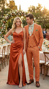 Vinci Mens Orange Three Piece Suit – Orange Windowpane Plaid 3PC Formal Suit for Wedding, Church and Business Holloween Color