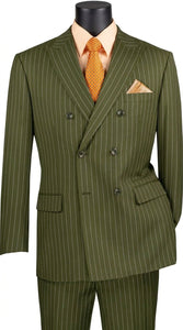 Men’s Olive Green Pinstripe Double-Breasted Suit – Classic Wedding, Business and Formal Suit