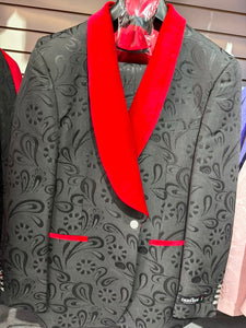 Men’s Black Paisley Tuxedo with Red Velvet Shawl Lapel – 3 Piece Wedding Prom Suit With Matching Bowtie