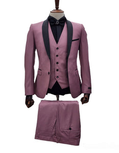 Men's Mauve Pink Tuxedo Suit – 3-Piece Slim Fit with Black Satin Shawl Lapel