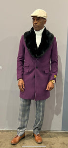 Mens Purple Wool Overcoat with Black Faux Fur Collar – Luxury Winter Dress Coats for Formal and Casual Wears