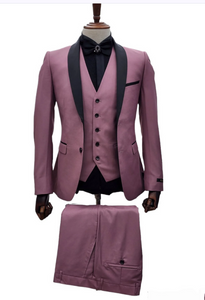 Men's Rose Pink Tuxedo Suit – Luxury Three-Piece Formal Wear with Black Satin Lapel Dusty Mauve Color