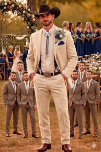 Men’s Natural Sand Linen Western Suit – Cowboy Wedding Jacket & Pants Linen Suit
