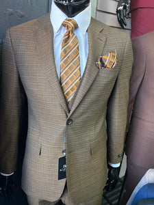 Men's Great Gatsby Brown Checker Plaid Texture 3-Piece Suit – Classic Fit Business, Wedding & Formal Suit Set - Victorian style 1920s