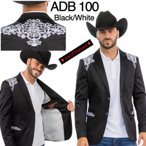 Men’s Black & White Western Blazer – Cowboy Sport Coat with Embroidered Shoulder & Back Design
