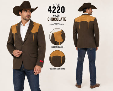 Men’s Chocolate Brown Western Blazer – Cowboy Sport Coat with Tan Suede Yoke for Rodeo & Country Wear
