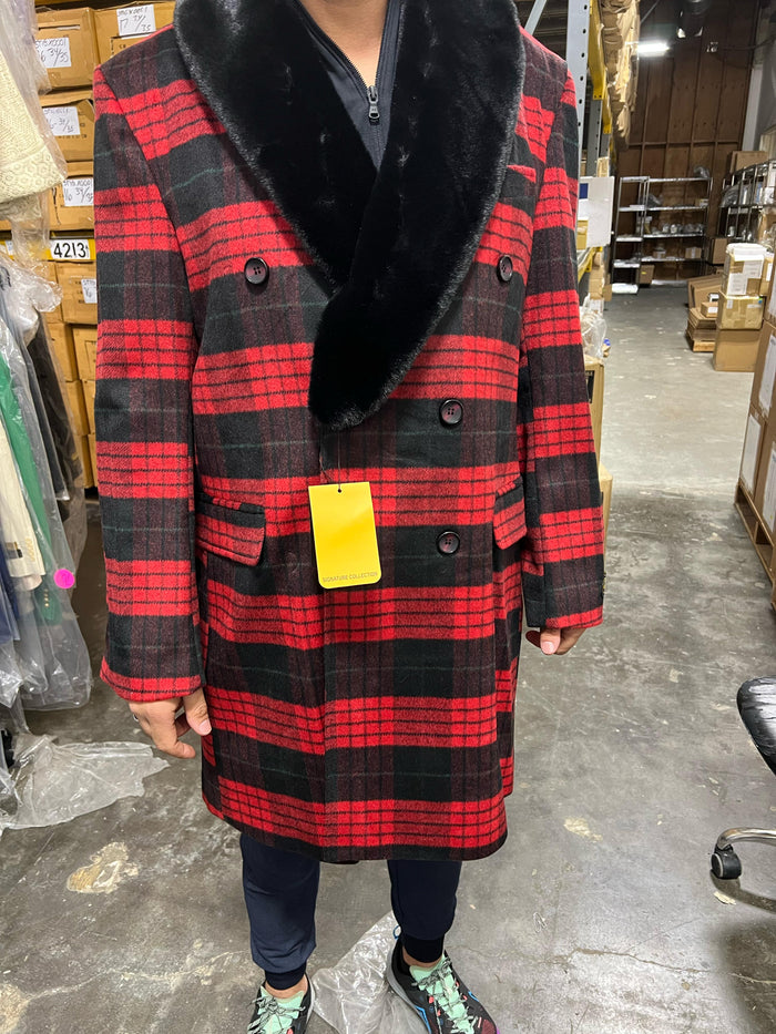 Mens Red and Black Plaid Wool Overcoat with Black Faux Fur Shawl Collar – Double-Breasted Winter Coat - Tartan Designs