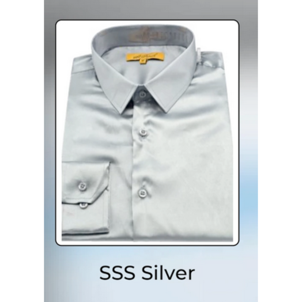 Men’s Silver Satin Dress Shirt and Pants Set – Luxury Slim Fit Outfit for Parties, Weddings, and Formal Events