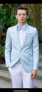Mens Light Blue Paisley Tuxedo Jacket with Matching Bow Tie – Slim Fit Blazer for Weddings, Prom, and Formal Events