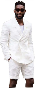 Men’s White Summer Suit with Shorts, 2 Piece Linen Style Wedding Beach Short Suit Set double breasted style