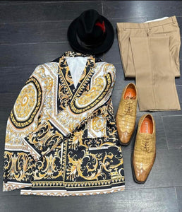 Men’s Black and Gold Baroque Blazer with Matching Pants, Hat, and Shoes – Luxury Party and Wedding Outfits Set