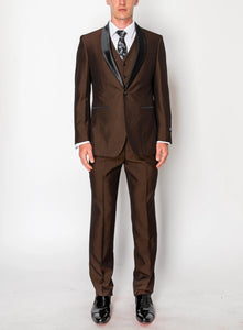Men’s Chocolate Brown 3-Piece Tuxedo Suit with Black Satin Shawl Lapel – Shawl Collar Vested