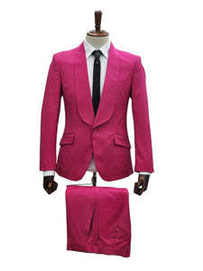 Mens Hot Pink Tuxedo Dinner Jacket + Pants with Shawl Lapel – Slim Fit 2-Piece Suit for Weddings, Proms Suit in Fuchsia Colors