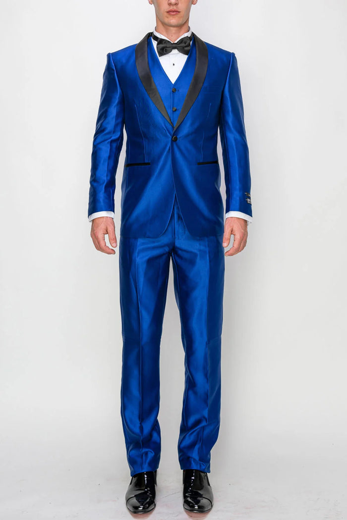 Men’s Shiny Royal Blue 3 Piece Tuxedo – Vested Wedding & Prom Suit with Black Shawl Lapel