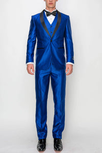 Men’s Shiny Royal Blue 3 Piece Tuxedo – Vested Wedding & Prom Suit with Black Shawl Lapel