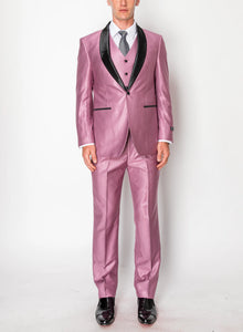 Men’s Shiny Mauve Pink 3 Piece Tuxedo – Wedding & Prom Suit with Black Shawl Lapel